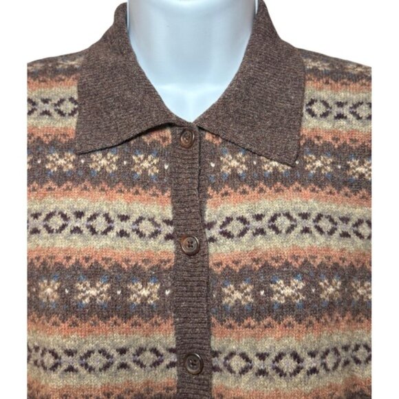 Lauren Ralph Lauren Womens Large Brown 100% Lambswool Fair Isle Cardigan Sweater - Picture 4 of 8